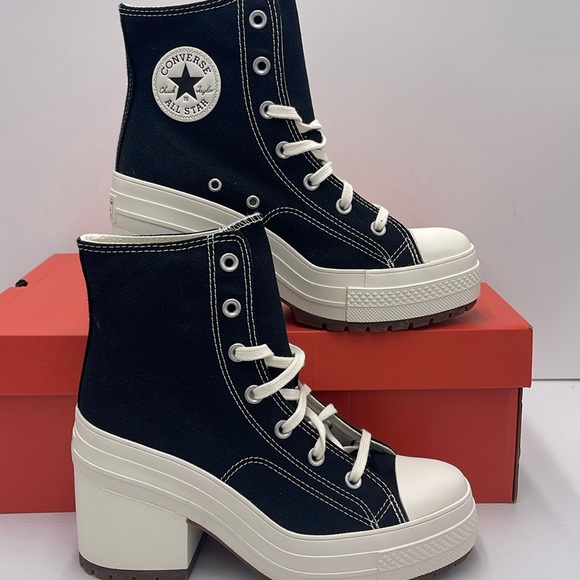 Converse WMNS CHUCK 70 DE LUXE HEEL HI BLACK/EGRET/EGRET A05347C Platform Snkrs - Picture 1 of 16